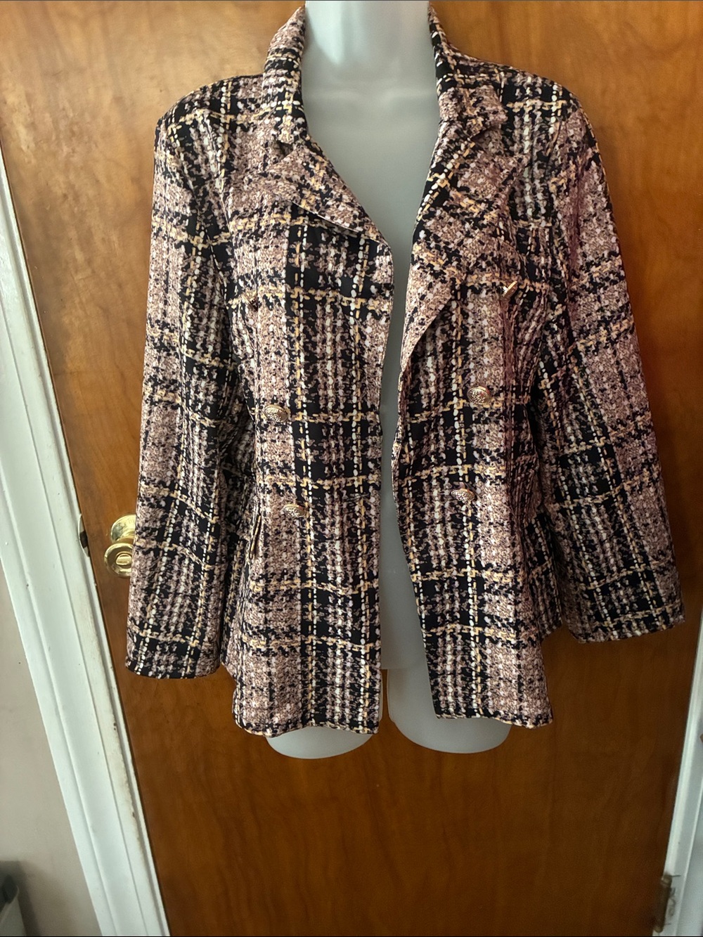 Womens Pink Plaid Tweed Jacket - Classic Open Front Coat